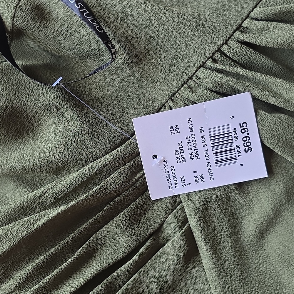 David's Bridal Chiffon Cowl Back V-neck Sheath Dress Martini Olive Color - Picture 12 of 14